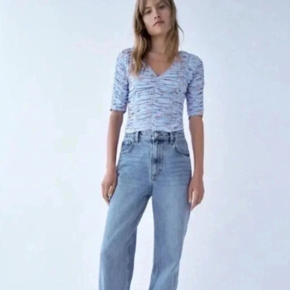 Zara Blue Tulle Flower Print V Neck Blouse 0003/416 - Picture 1 of 6